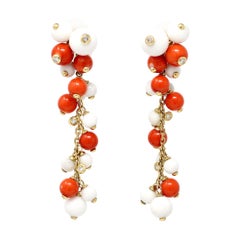 Italian Coral, White Agate Beads and Diamonds Dangling Earrings in 18 Karat Gold