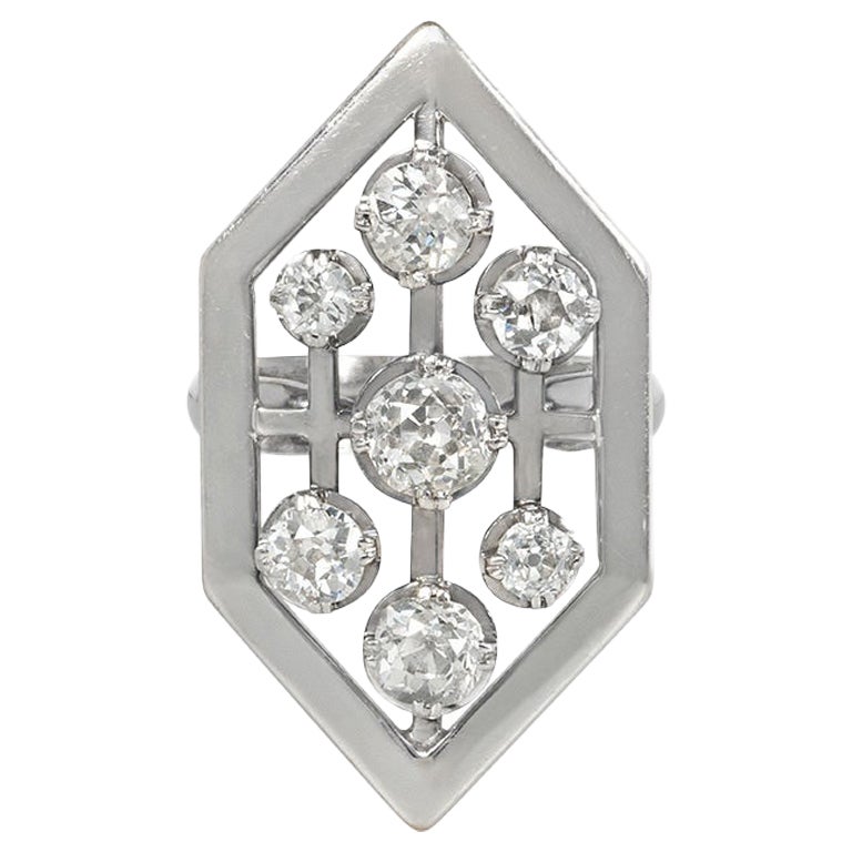 Art Moderne Old European Cut Diamond and Platinum Hexagonal Plaque Ring For Sale