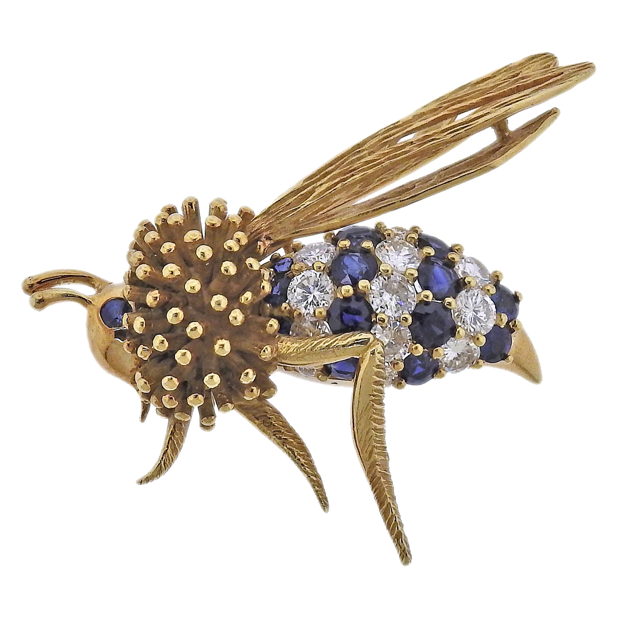 Large Diamond Sapphire Gold Wasp Bee Insect Brooch Pin