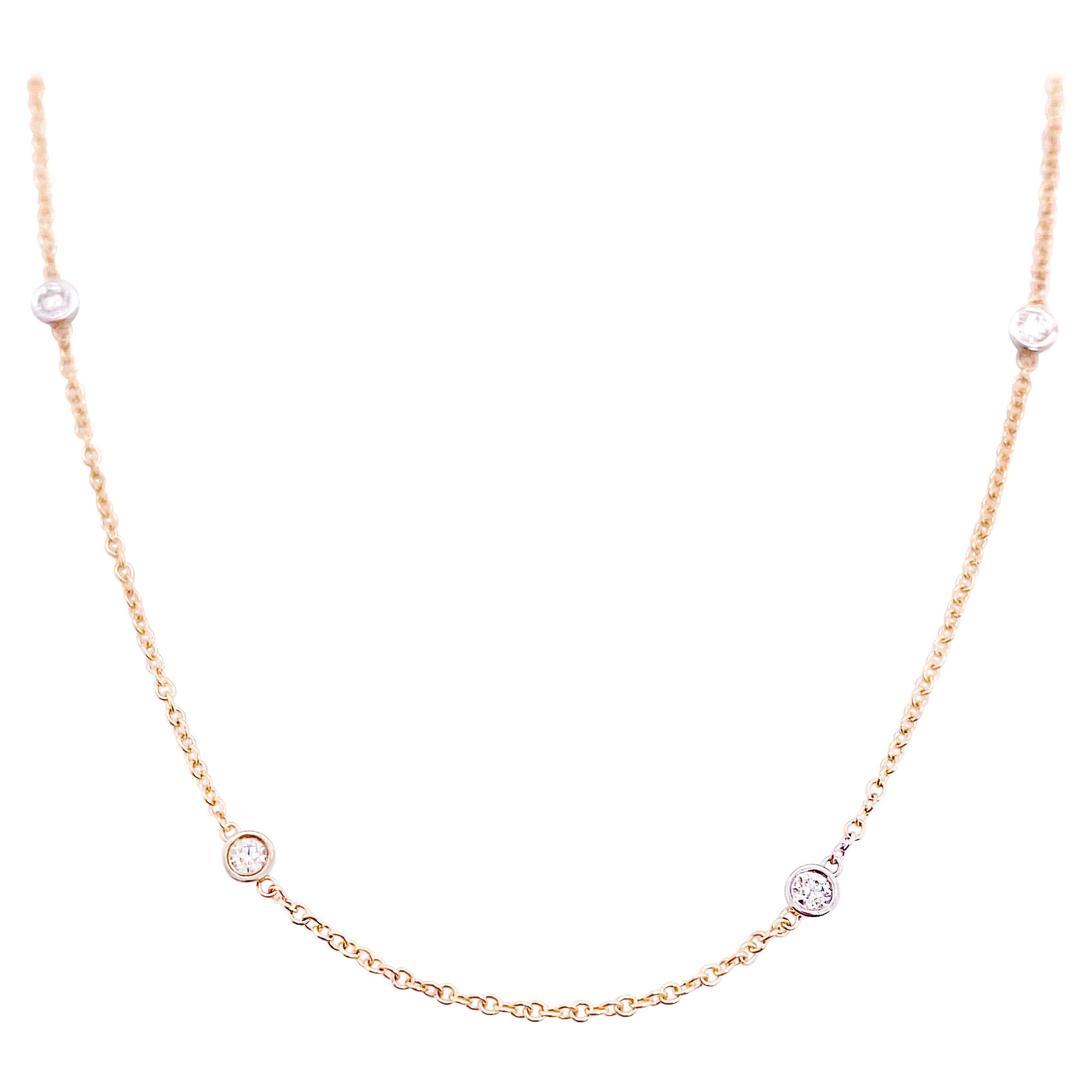 Diamond by Yard, Necklace, 8 Round Bezel Diamonds in Mixed Metal Yellow Gold