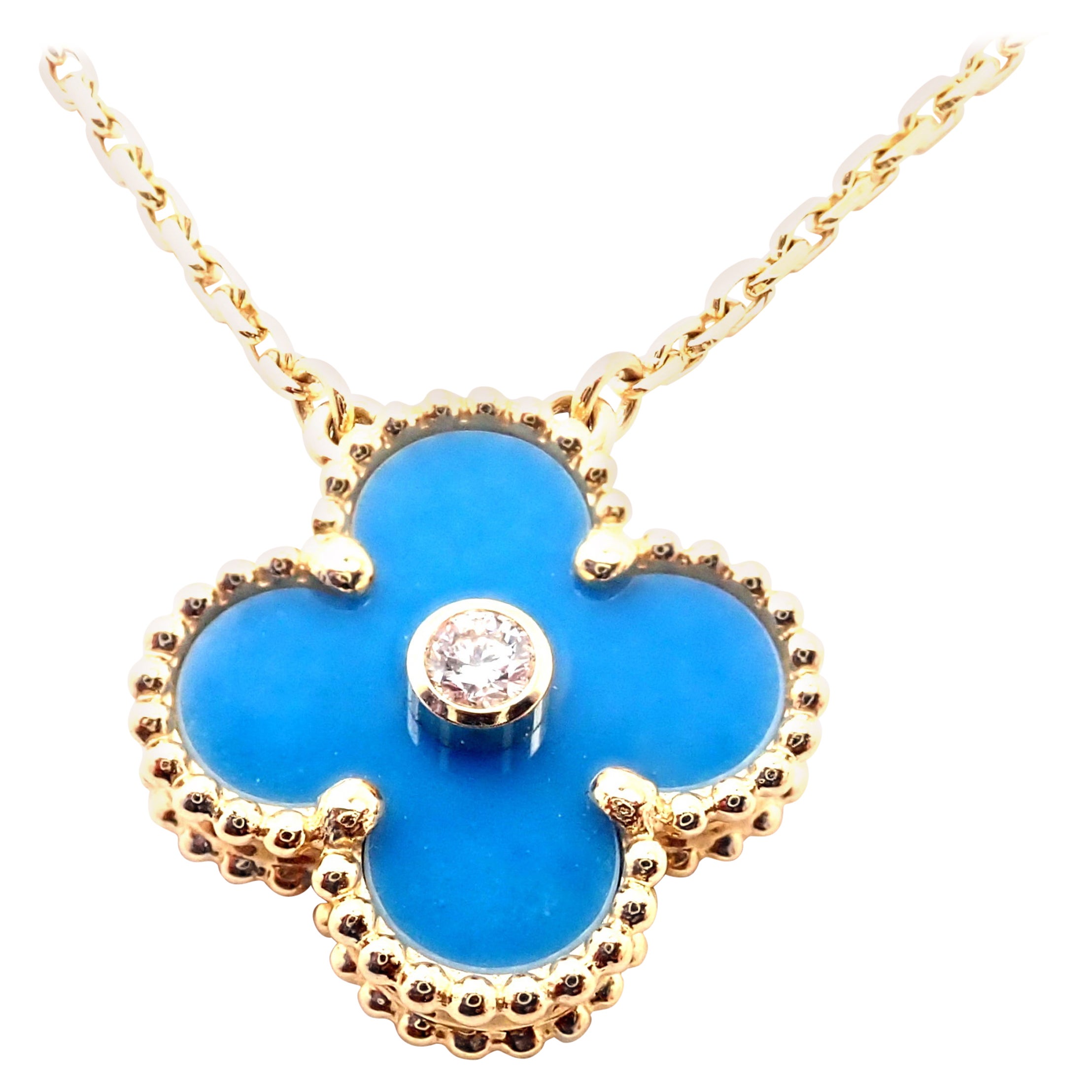 Van Cleef & Arpels Diamond Celestial Blue Sèvres Porcelain Alhambra Necklace