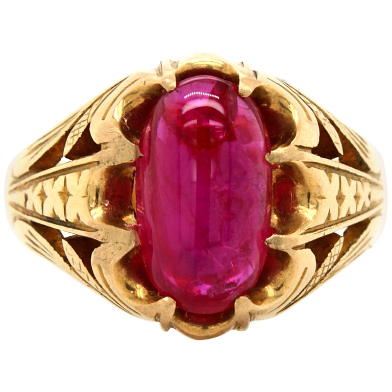 Antique Natural Burmese Star Ruby Cabochon Signet Ring, ca. 1860s For Sale