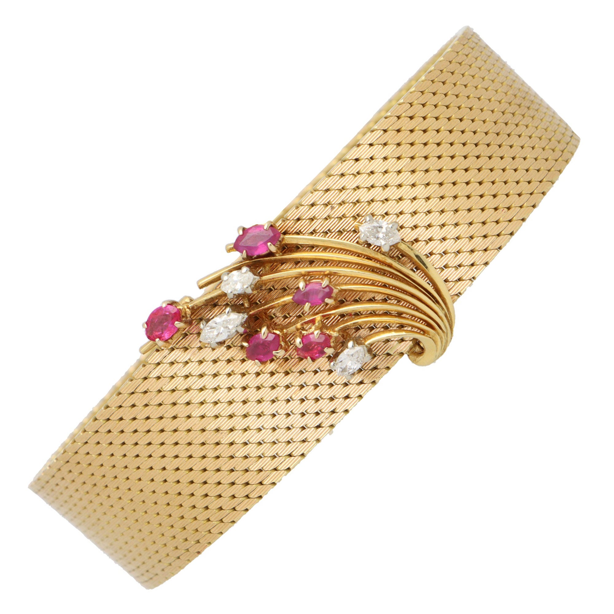 Vintage Ruby and Diamond Woven Bracelet Set in 18k Yellow Gold