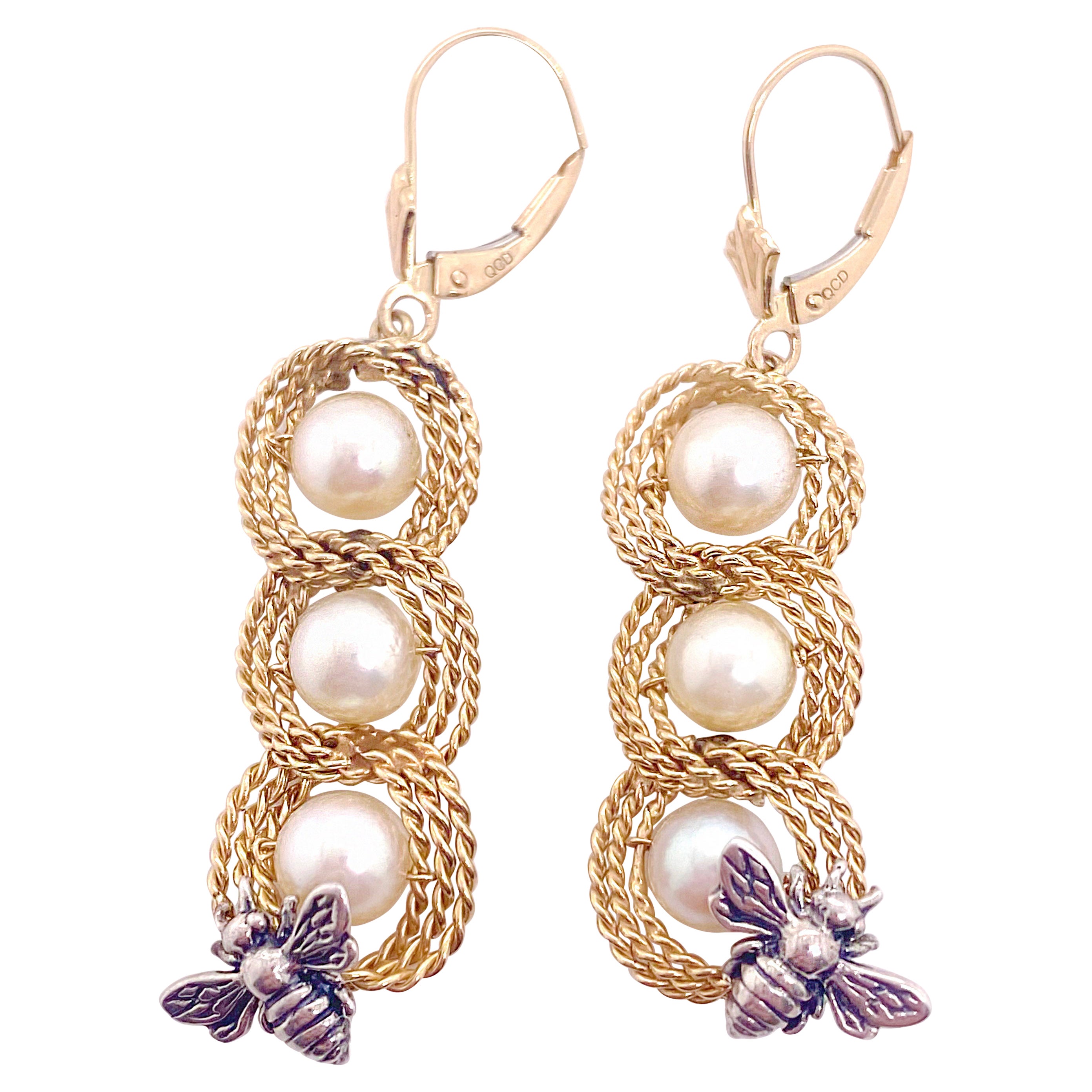 Bee Pearl Drop Earrings, Six Cultured Pearls w Rope Accent Dangle Earrings