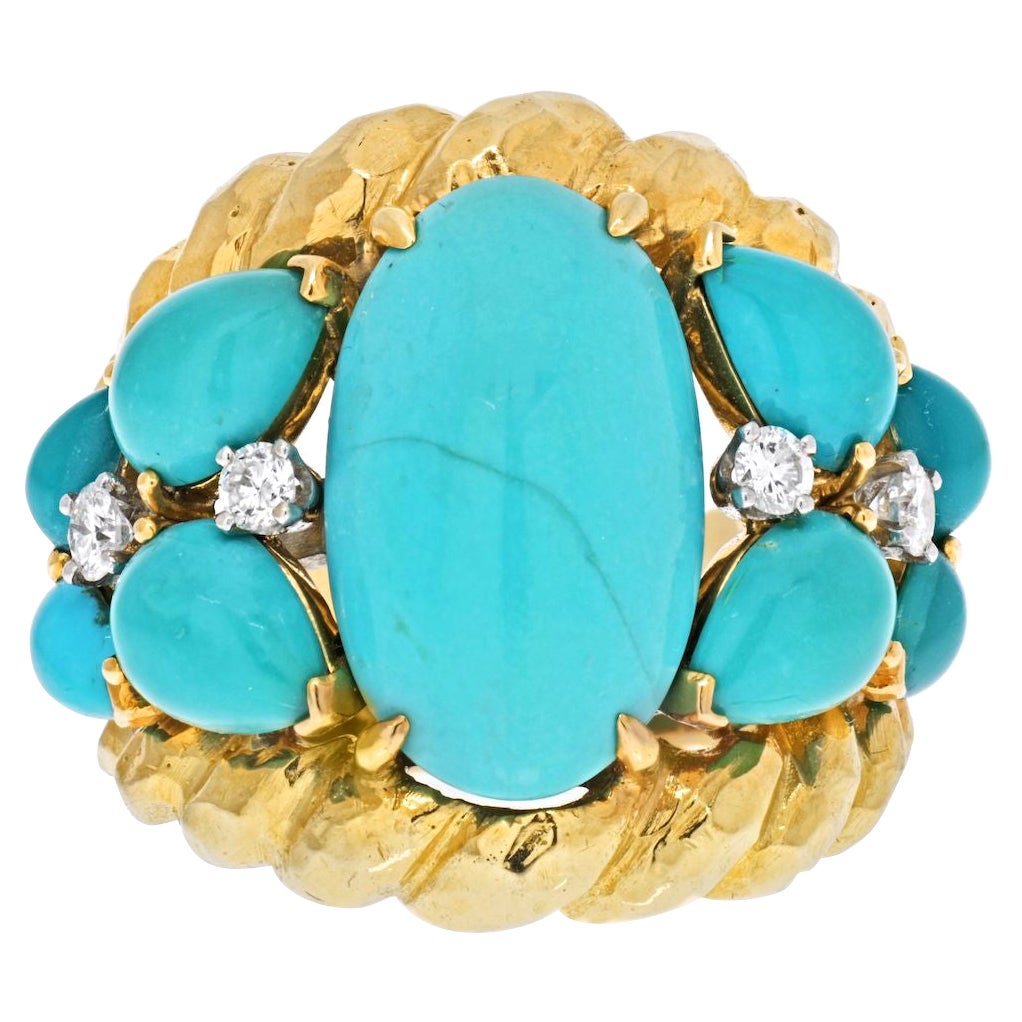 David Webb 18K Yellow Gold Oval Turquoise and Diamond Scute Style Ring