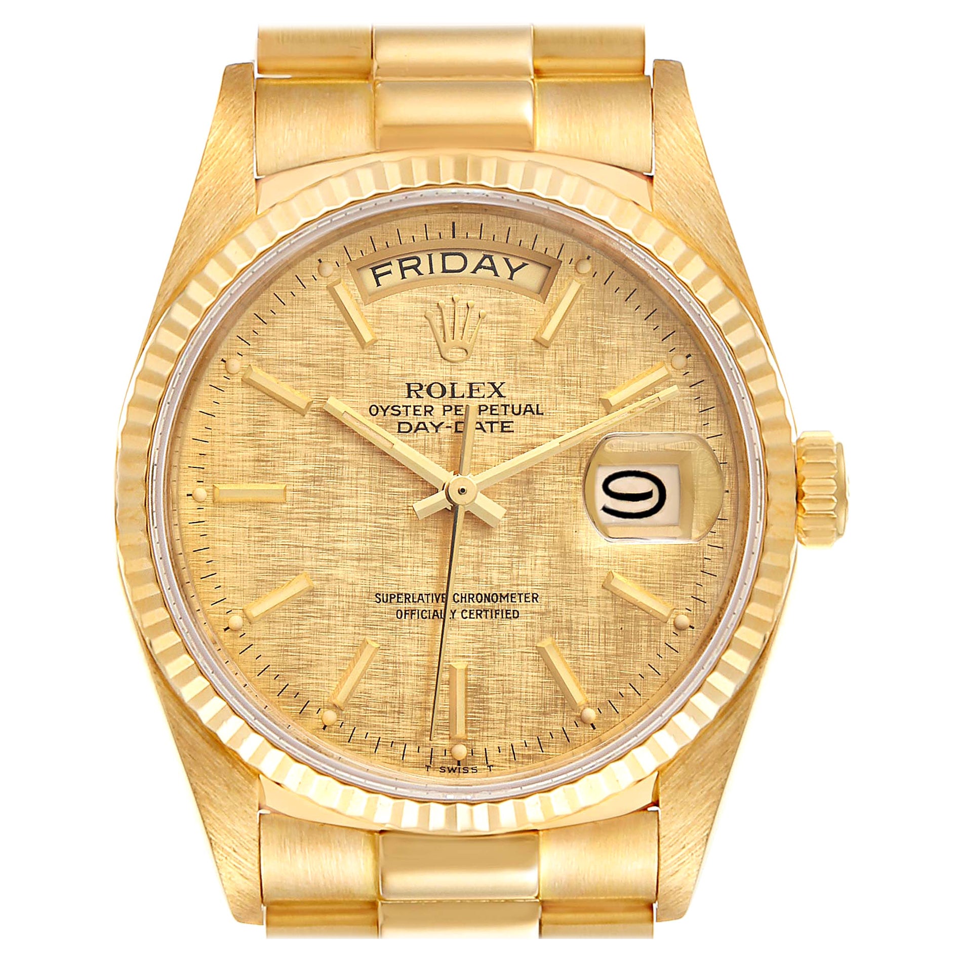Rolex President Day-Date Yellow Gold Linen Dial Mens Watch 18038 For Sale