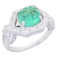 18k White Gold Diamond & Carved Emerald Ring