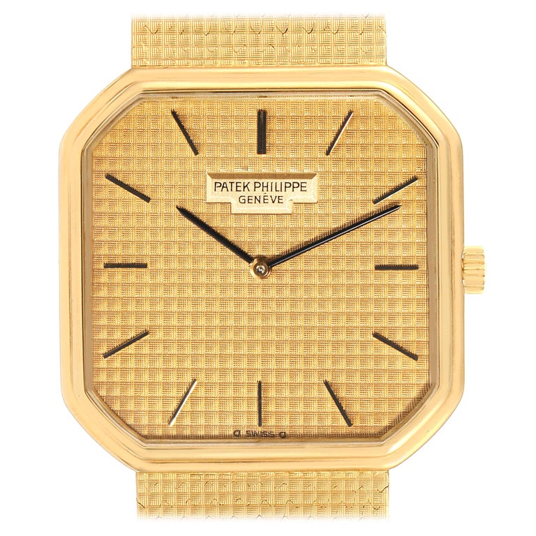 Patek Philippe Yellow Gold Linen Pattern Dial Mechanical Mens Watch 3854 For Sale