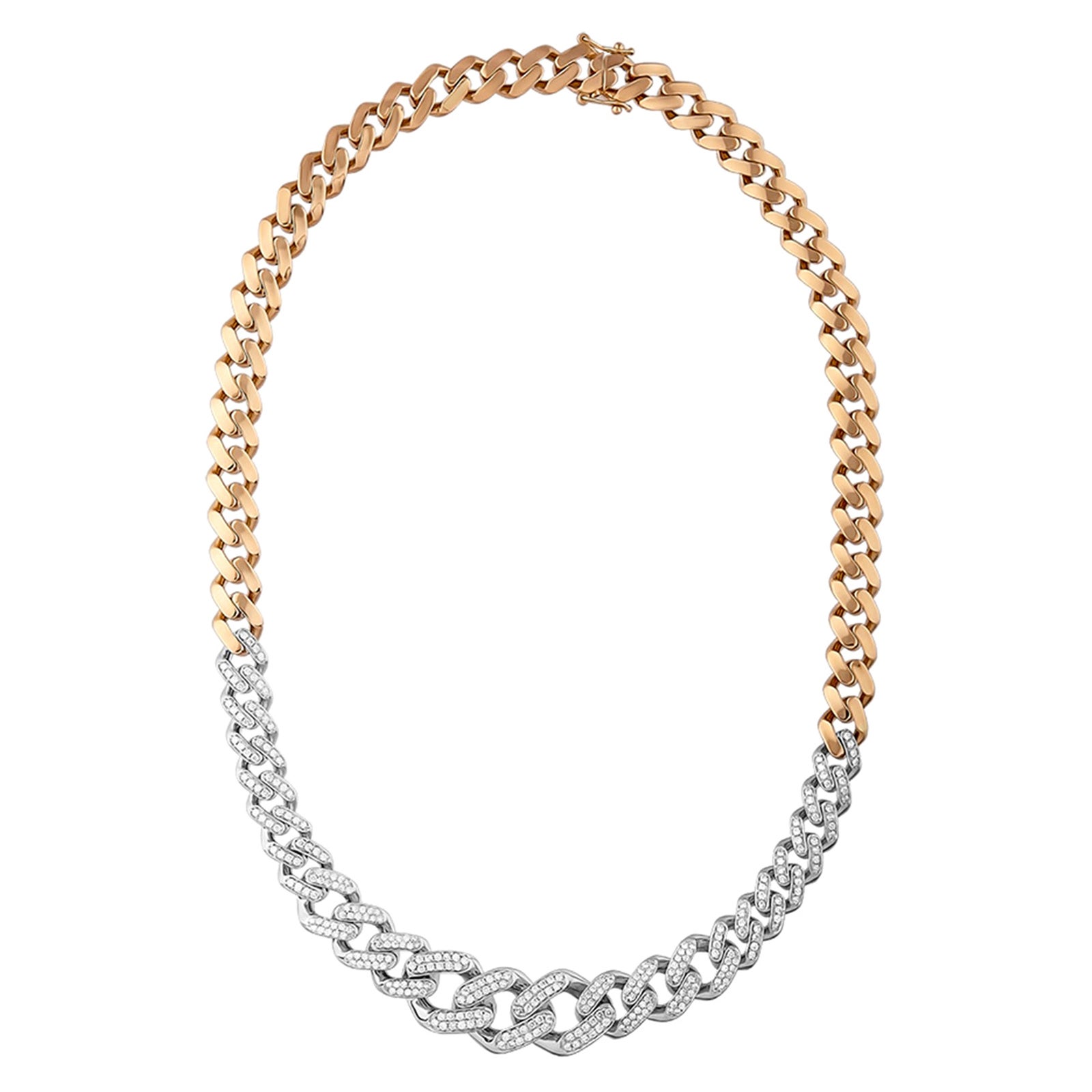 Diamond Miami Cuban Tank Link Chain 3.64 Ctw. 18K Rose and White Gold Necklace For Sale
