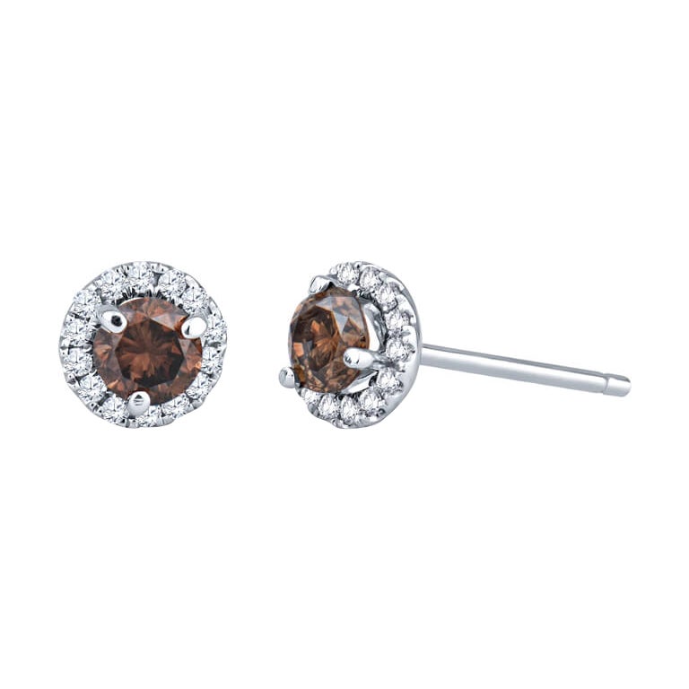 .42ctw Chocolate Diamond Stud Earrings w/ .11ctw Pave Diamonds 18k White Gold For Sale