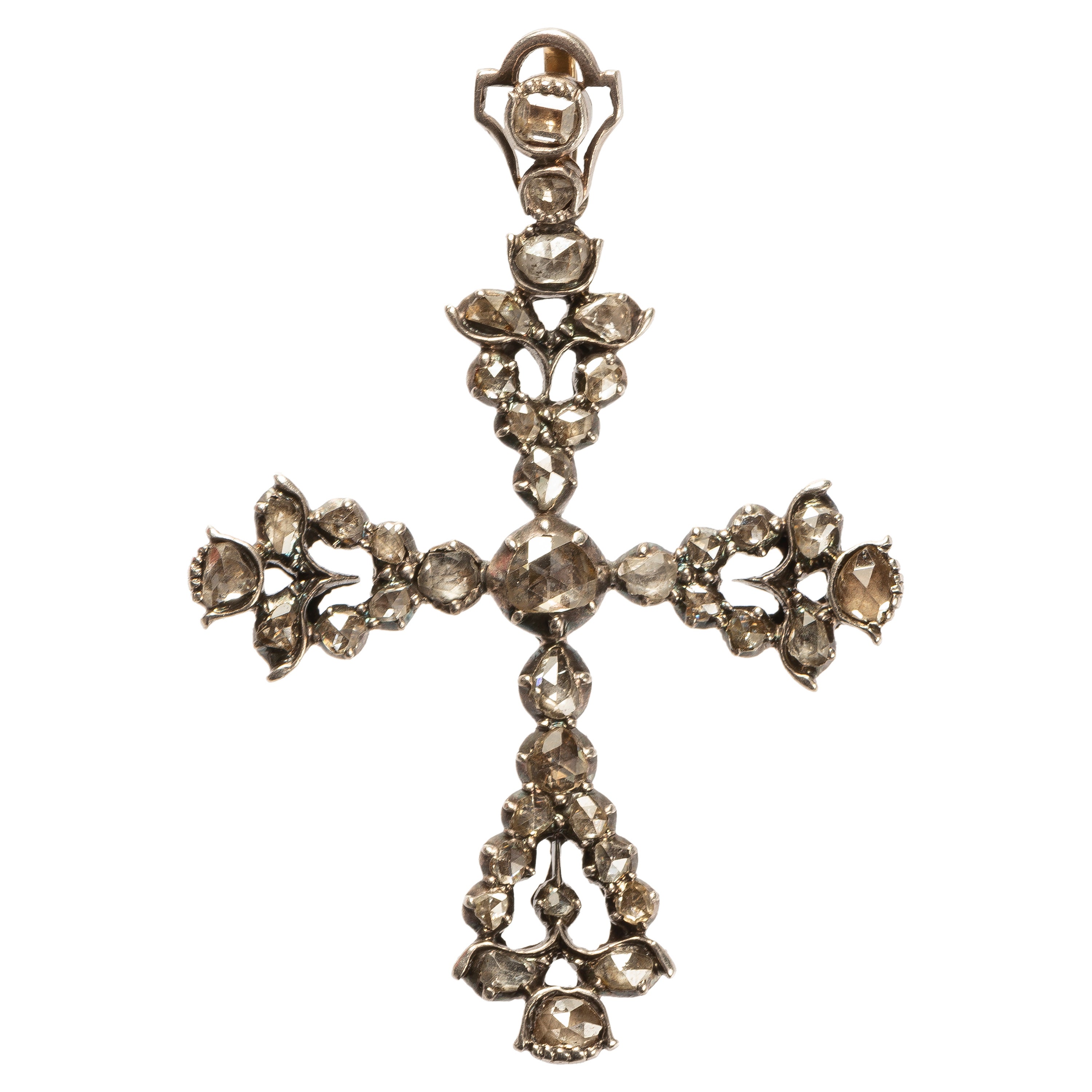 Pendentif croix espagnole ancienne en argent avec cristaux de roche en vente