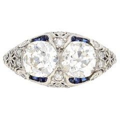 Anillo Art Decó de Platino y Doble Diamante talla Mina Antigua de 3 Quilates Circa Años 1930