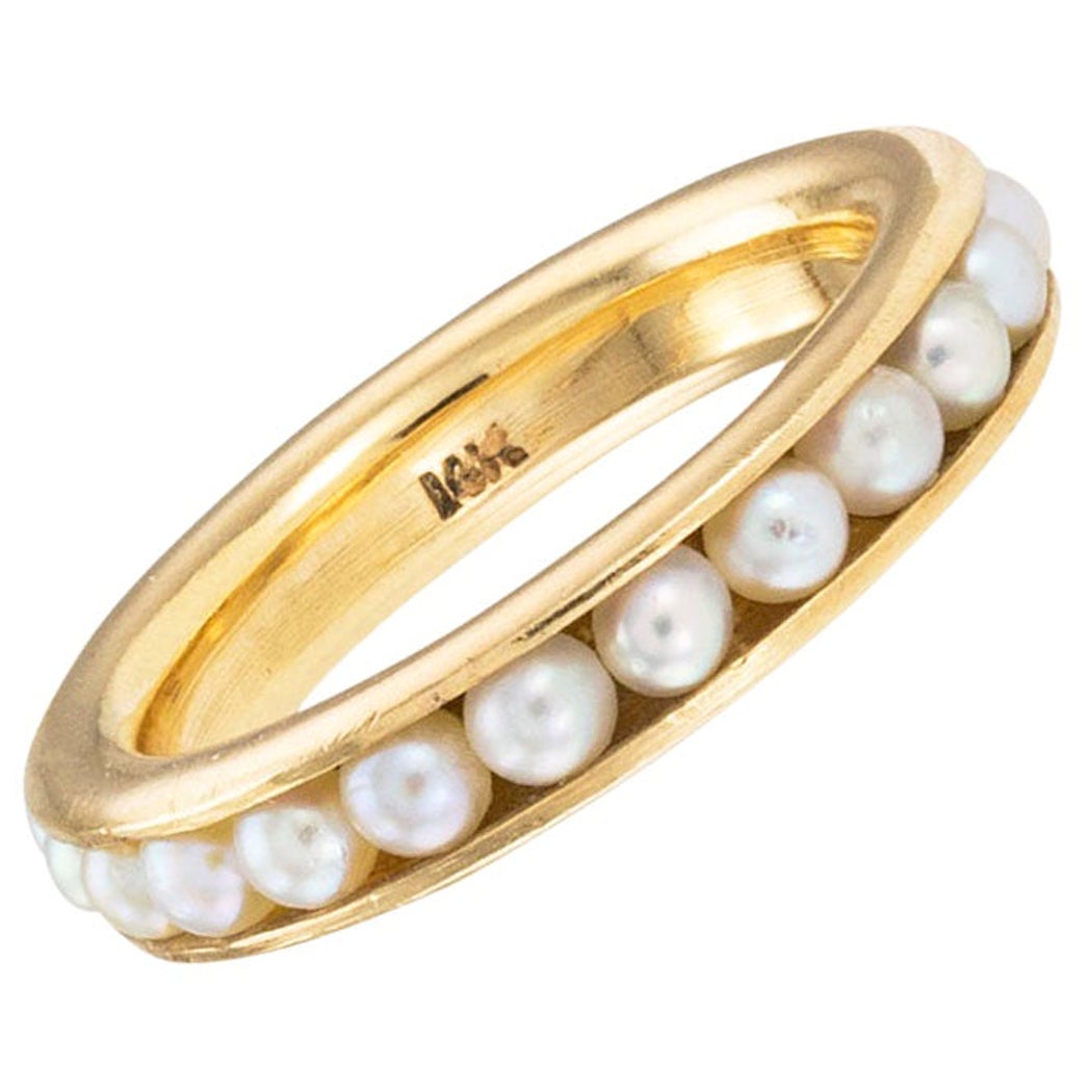 Cultured Pearl Yellow Gold Eternity Ring Size 6