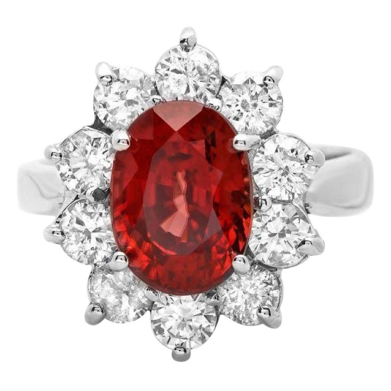 7.10 Carats Natural Red Zircon and Diamond 14K Solid White Gold Ring For Sale