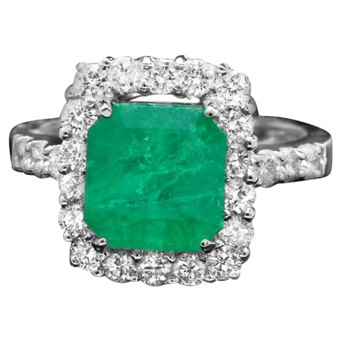 4.60 Carats Natural Emerald and Diamond 14K Solid White Gold Ring