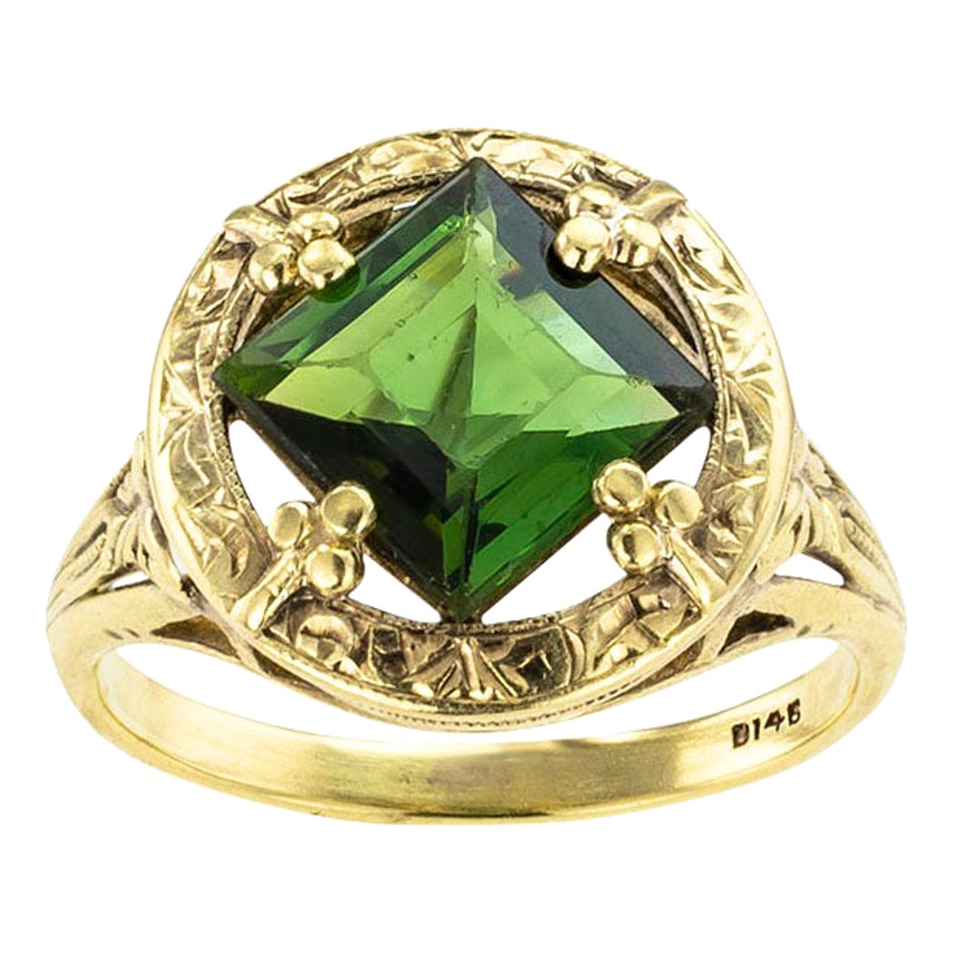 Art Nouveau Green Tourmaline Yellow Gold Ring