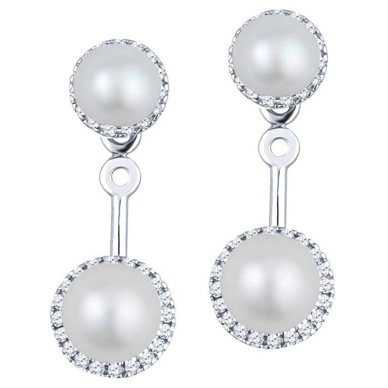 14k White Gold Convertible Pearl Earrings with .20ctw Diamond Halo For Sale