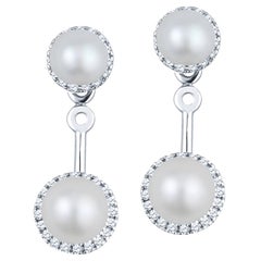 14k White Gold Convertible Pearl Earrings with .20ctw Diamond Halo