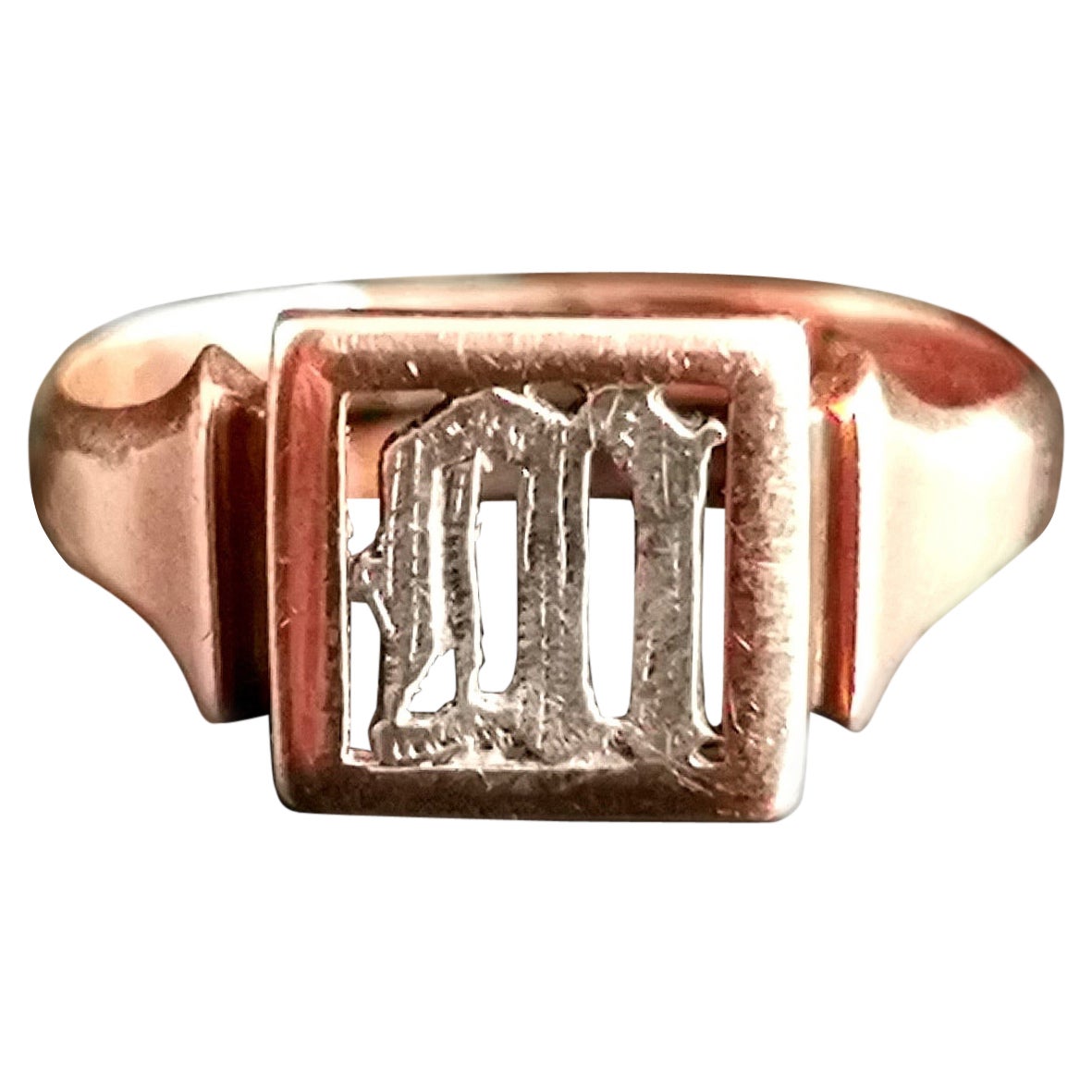 Antique 9 Karat Rose Gold Signet Ring, Initial M, Silver