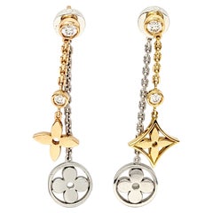 Louis Vuitton Monogram Blossom Long Dangle Earrings with Diamonds Tri-Tone Gold
