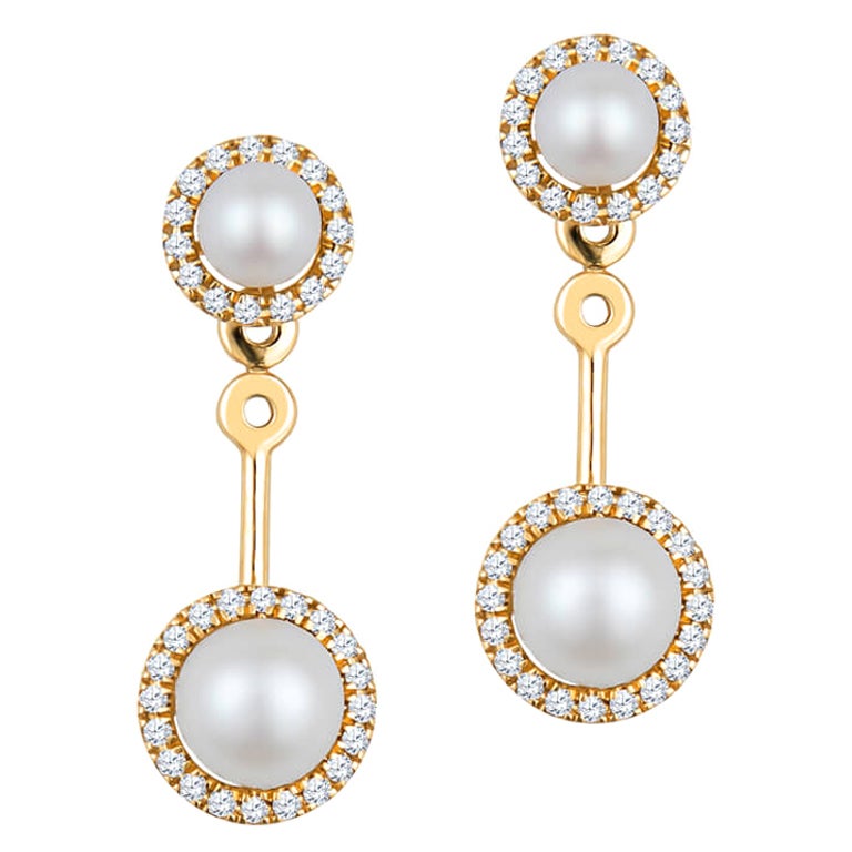 14k Yellow Gold Convertible Freshwater Pearl Earrings w/ .20ctw Diamond Halo