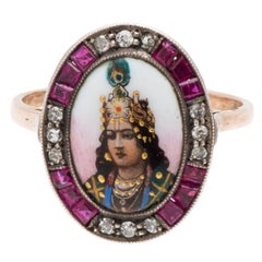 Antique Indian Rose Gold Krishna Ring with Rubies and Diamonds