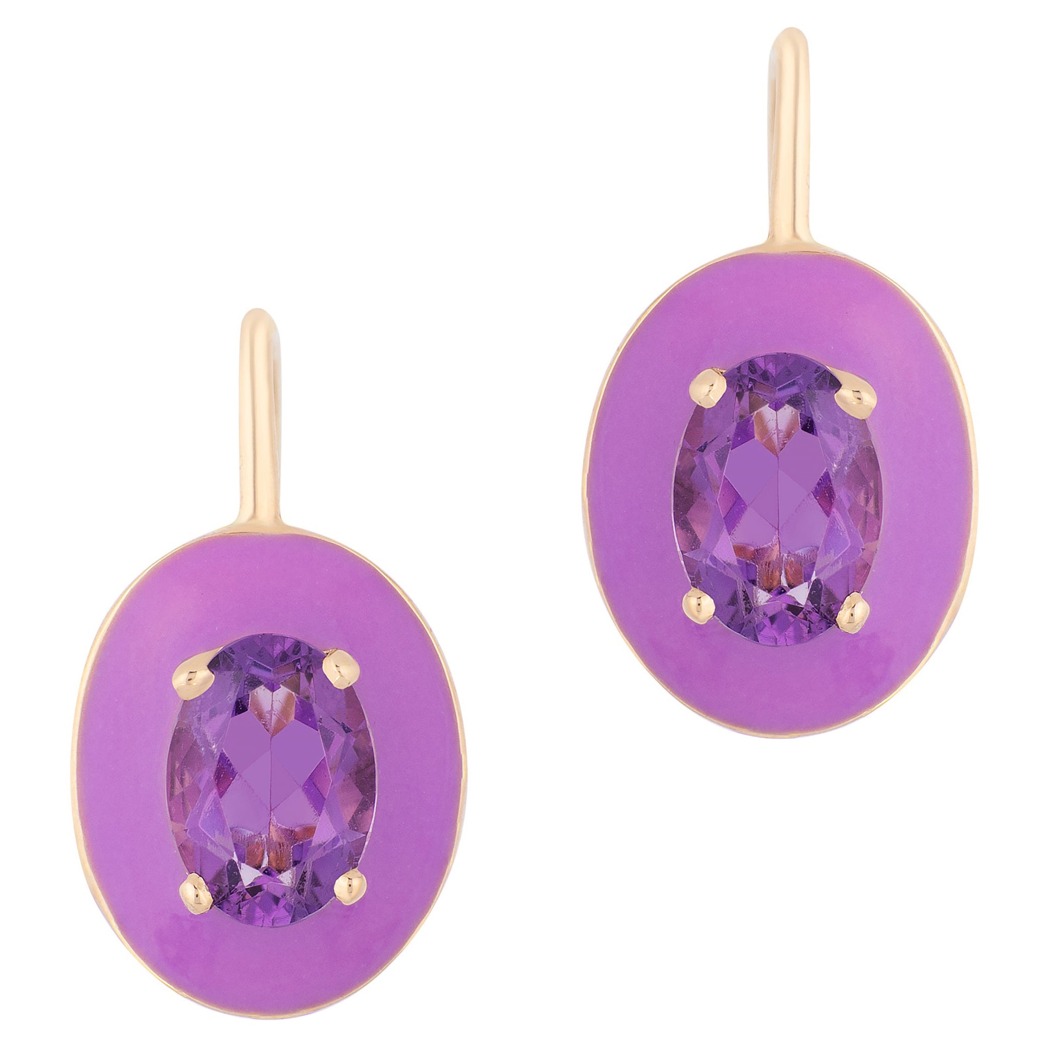Goshwara Oval Amethyst with Purple Enamel and Lever Back Earrings For Sale