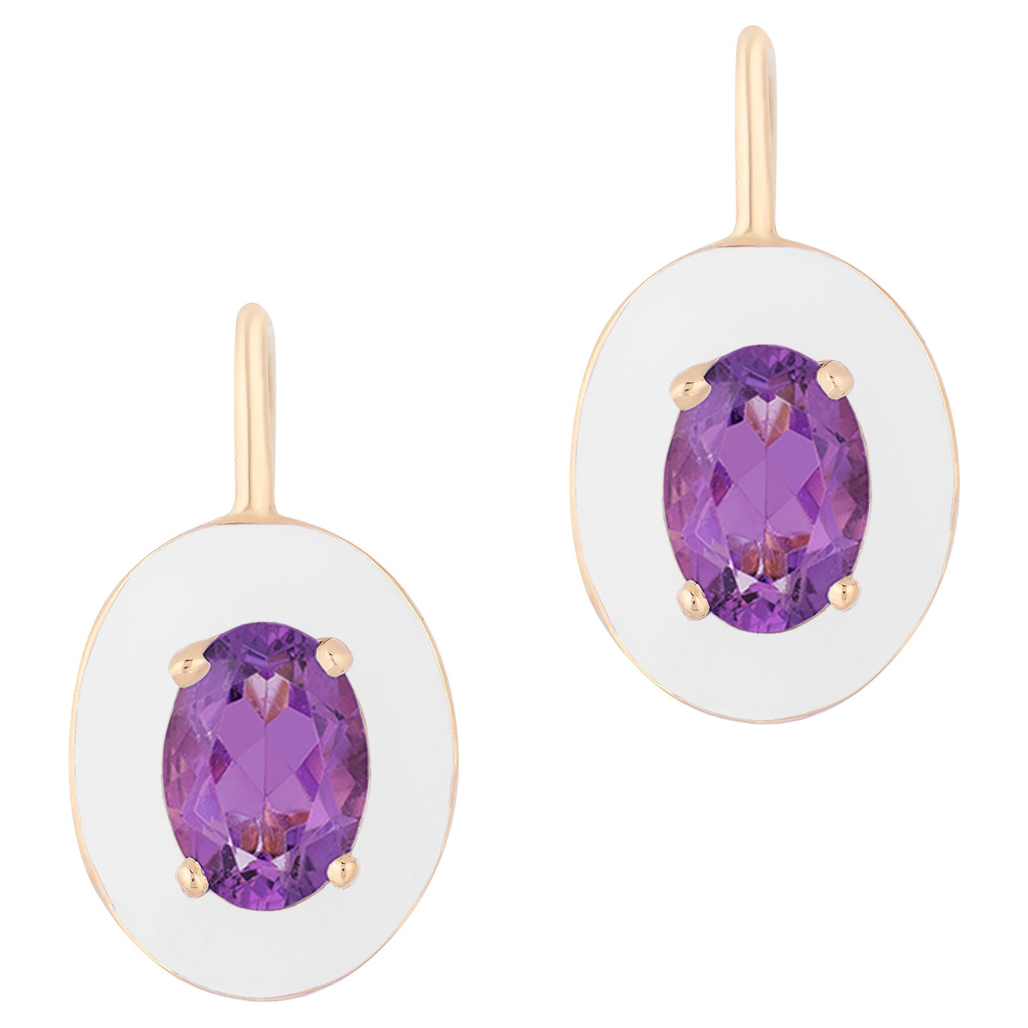 Goshwara Oval Amethyst with White Enamel and Lever Back Earrings For Sale