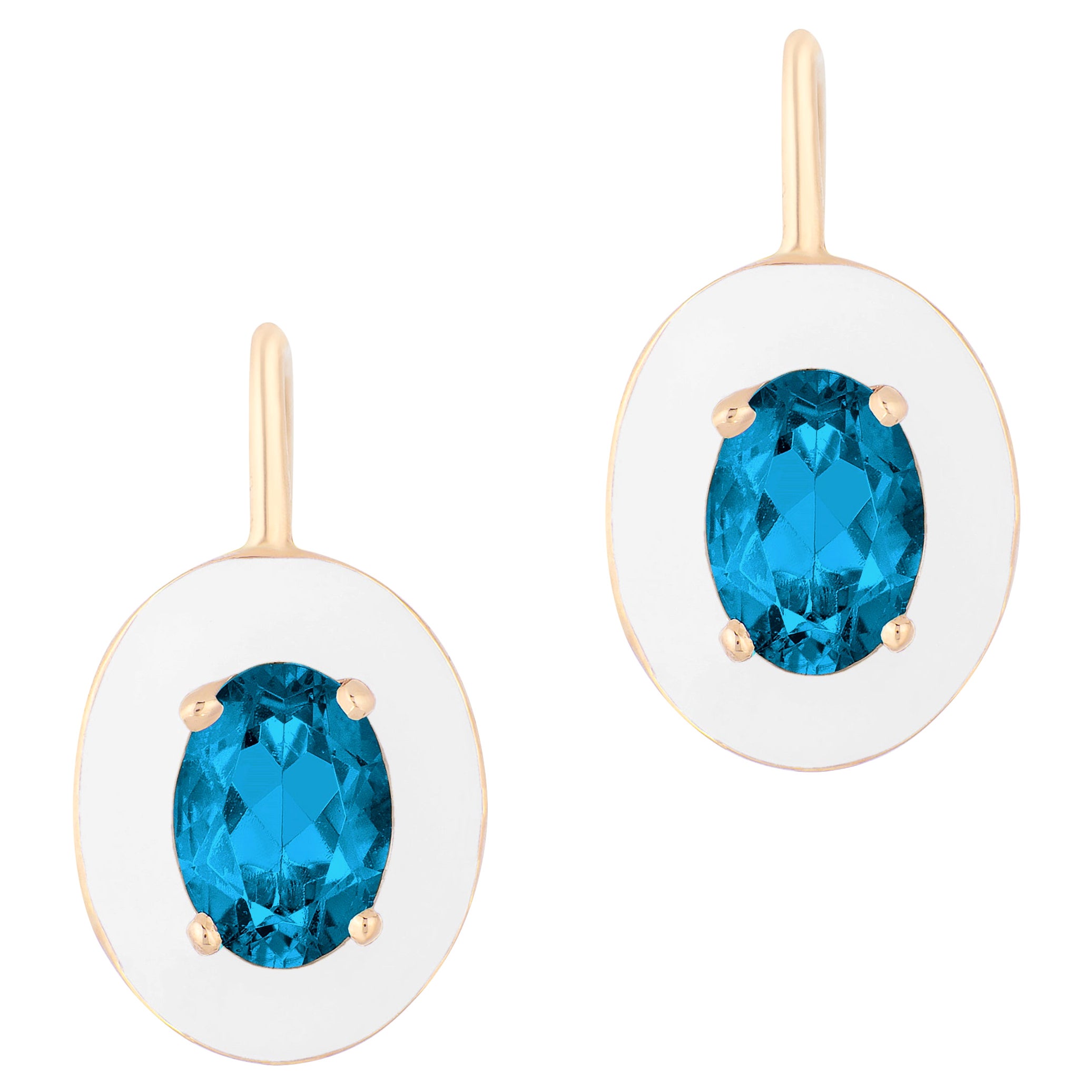 Goshwara Oval London Blue Topaz with White Enamel and Lever Back Earrings For Sale