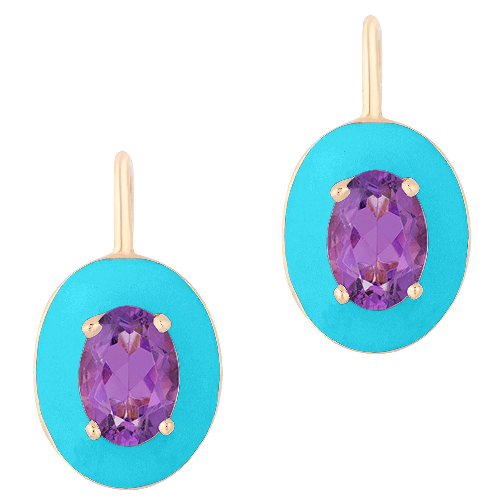Goshwara Oval Amethyst with Turquoise Enamel and Lever Back Earrings