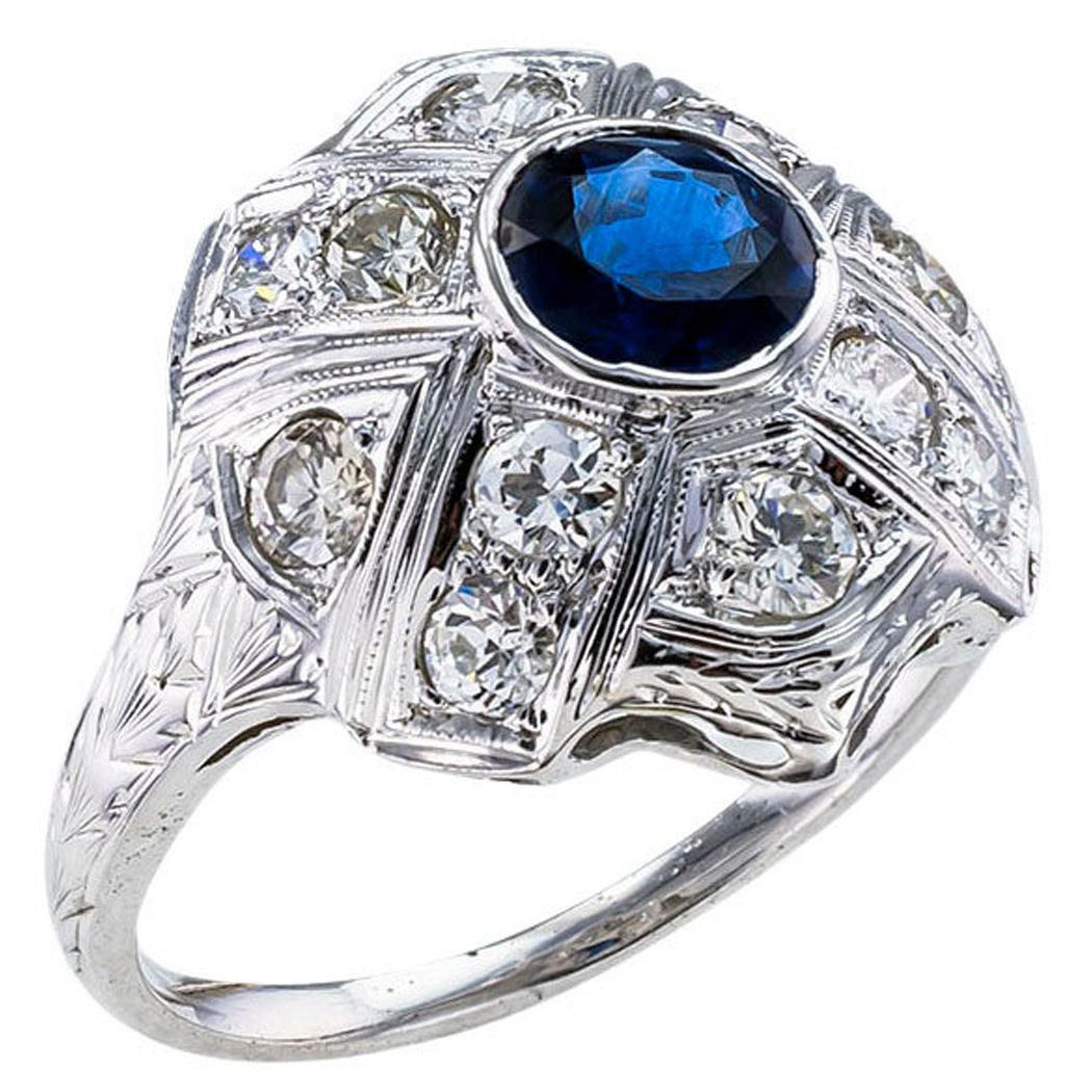 Art Deco Sapphire Diamond White Gold Dome Ring