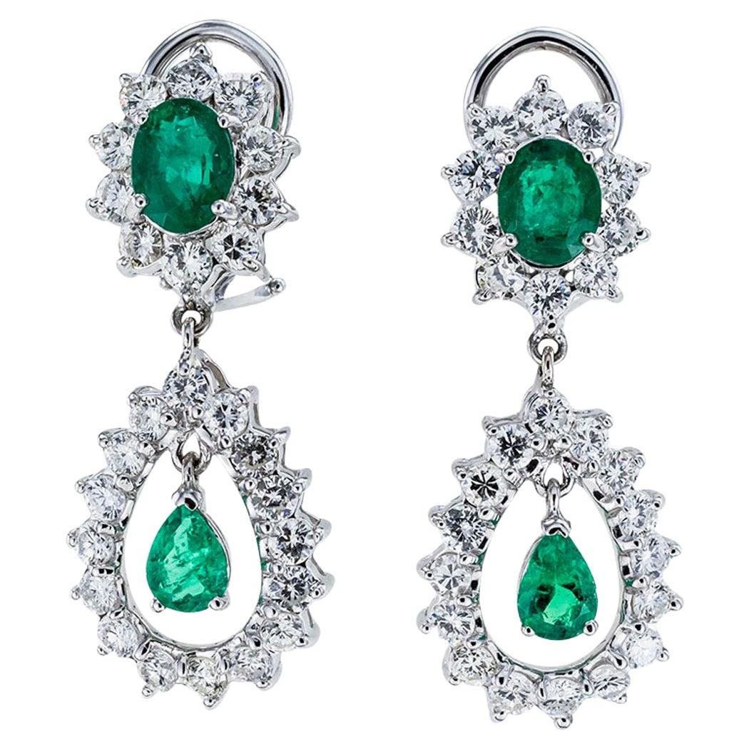 Emerald Diamond White Gold Drop Clip on Earrings