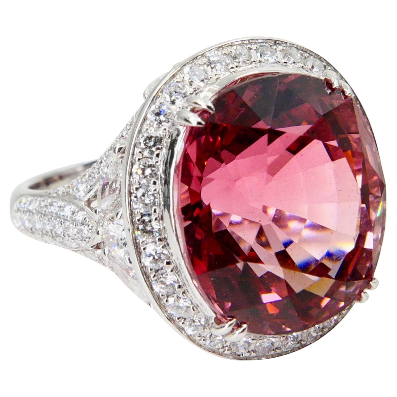 Natural 17 Cts Pink Tourmaline and Diamond Cocktail Ring, Huge Statement Piece For Sale