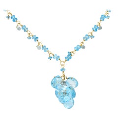 Contemporary Blue Topaz 18 Karat Gold Station Tassel Necklace