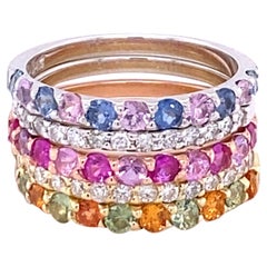 2.86 Carat Round Cut Multi Sapphire and Diamond Stackable 14K Gold Band Set