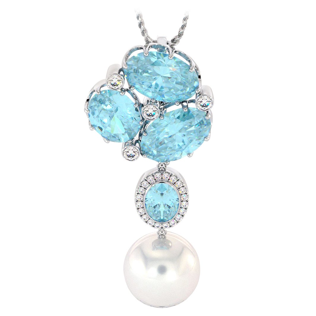 Diamonds Blue Topaz White South Sea Pearl 14K Gold Pendant For Sale