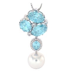 Diamonds Blue Topaz White South Sea Pearl 14K Gold Pendant