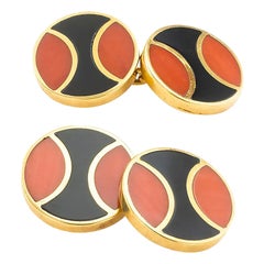 Cartier Black Onyx Red Coral Yellow Gold Cufflinks