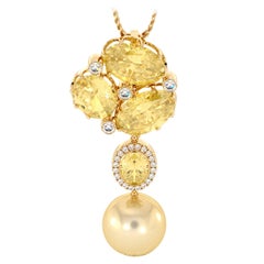 Diamonds & Yellow Citrines & South Sea Golden Pearl & 14K Yellow Gold Pendant