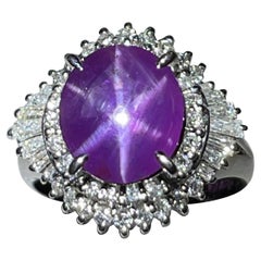 GRS Certified 4.33 Carat Purple Star Sapphire Diamond Ring, Top Gem Quality