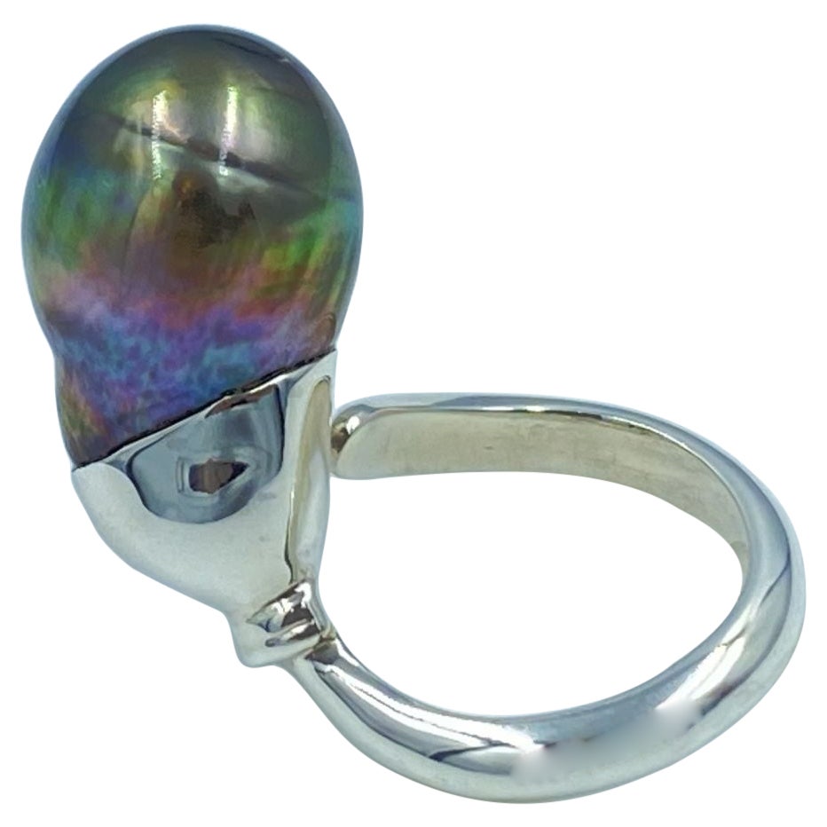 Sterling Silver Black Tahitian Baroque Pearl Adjustable Solitaire Ring For Sale