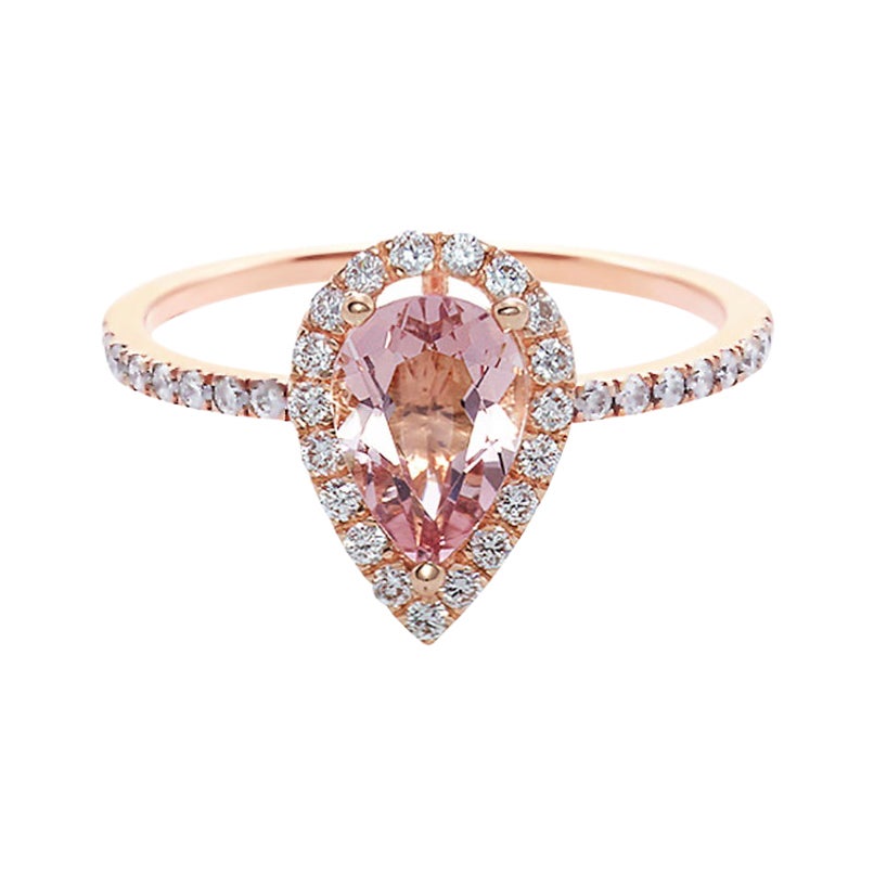 Im Angebot: Birnenförmiger Champagner Natürlicher Morganit und Diamant Verlobungsring Roségold ()