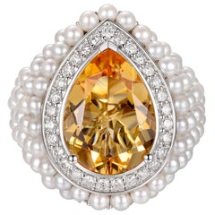 Anello con cupola di diamanti, citrino e perla d'acqua dolce da 5,22 carati in oro 14 carati