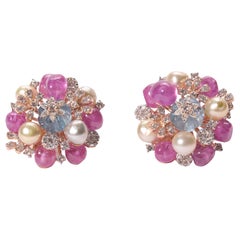 Aquamarine Melons, Keshi Pearls, Pink Burma Turmaline Diamond Earring