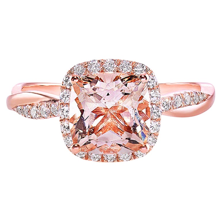 For Sale:  Cushion Shape Natural Morganite and Diamond Halo Engagement Ring 18K Rose Gold