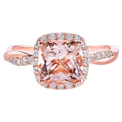 Cushion Shape Natural Morganite and Diamond Halo Engagement Ring 18K Rose Gold