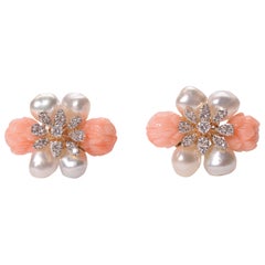 Coral Carved Balls and Keshi Pearls Diamond Earring