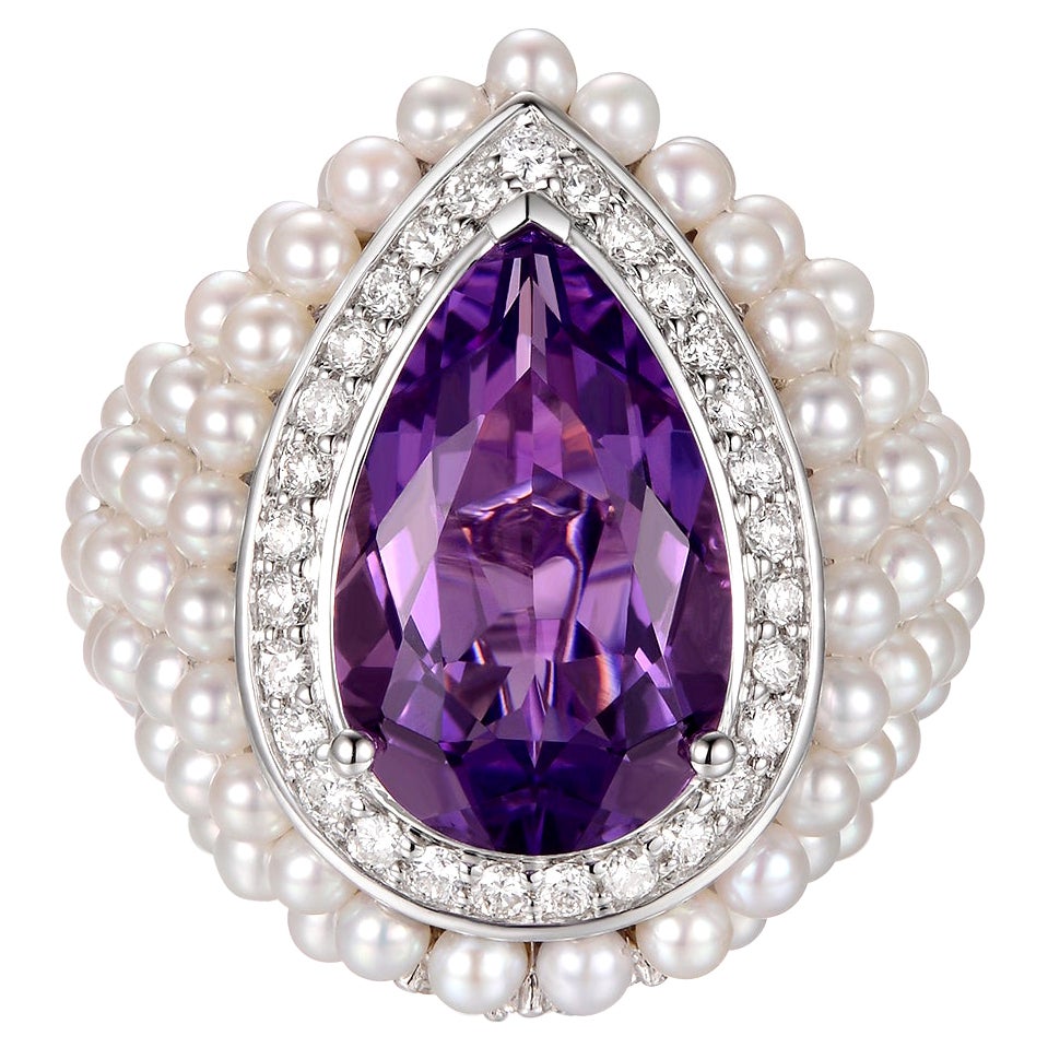 Pear Shape Amethyst Diamond Pearl Cocktail Ring with 14K White Gold For Sale