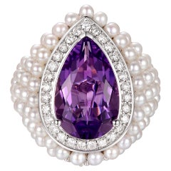 Pear Shape Amethyst Diamond Pearl Cocktail Ring with 14K White Gold