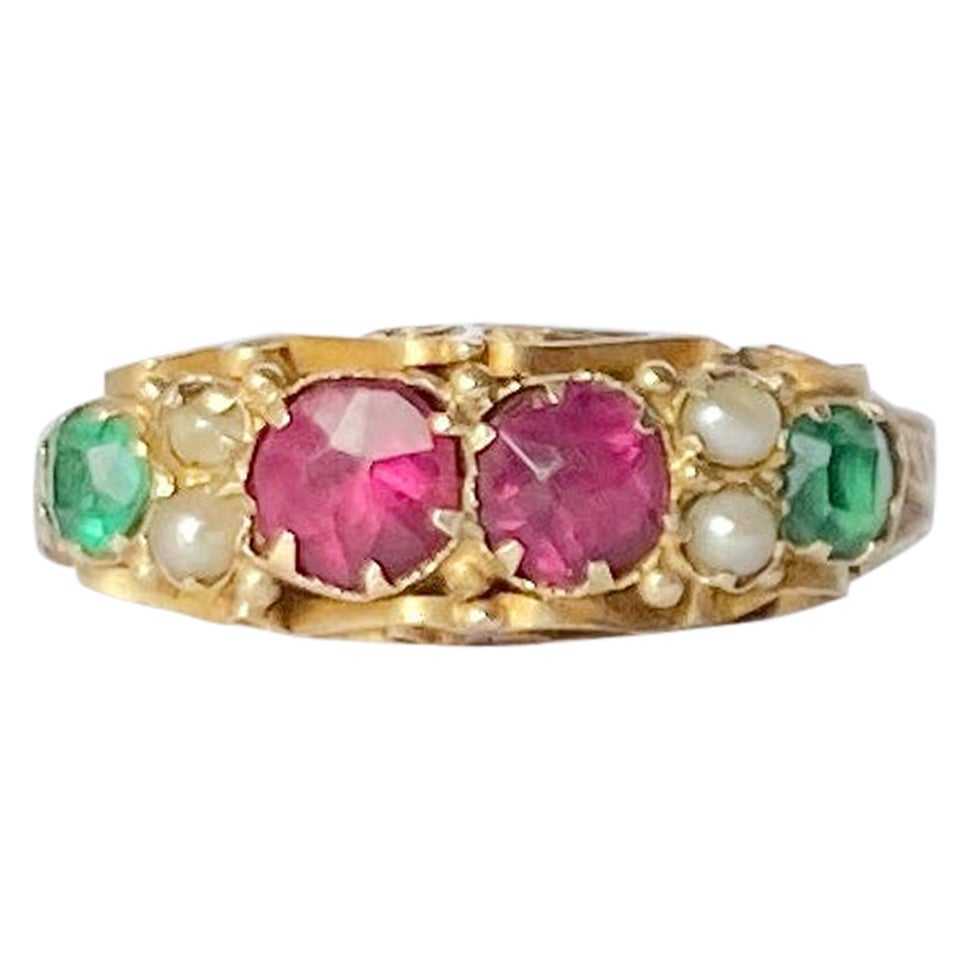 Viktorianischer Ring aus 9 Karat Gold mit Rubin und grünem Granat im Angebot